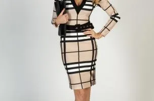 Midi dress with check print and V-neck in shady beige.