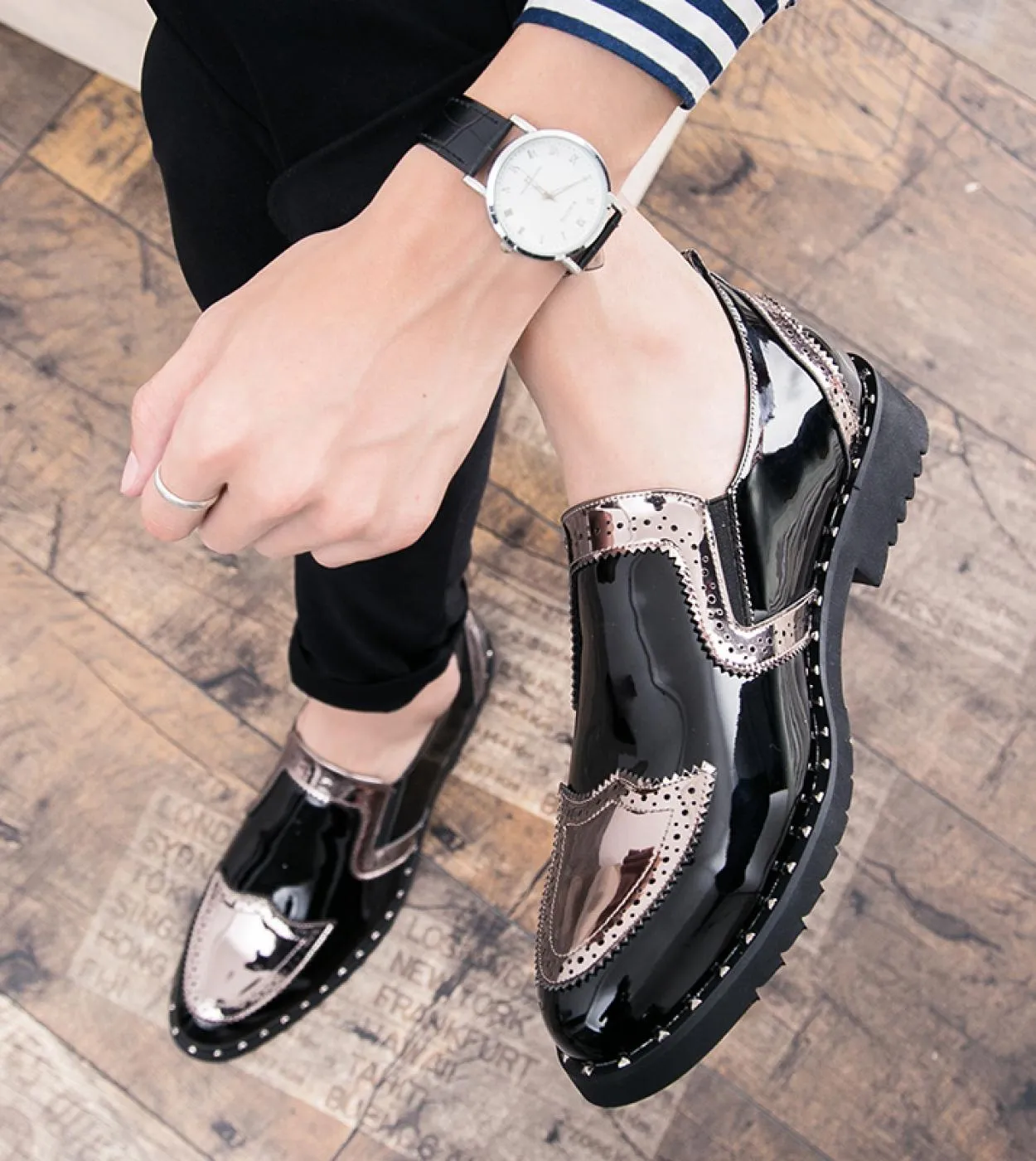 Moda scarpe uomo grandi dimensioni slip on business mocassini casual vintage pelle verniciata calzature uomo lu