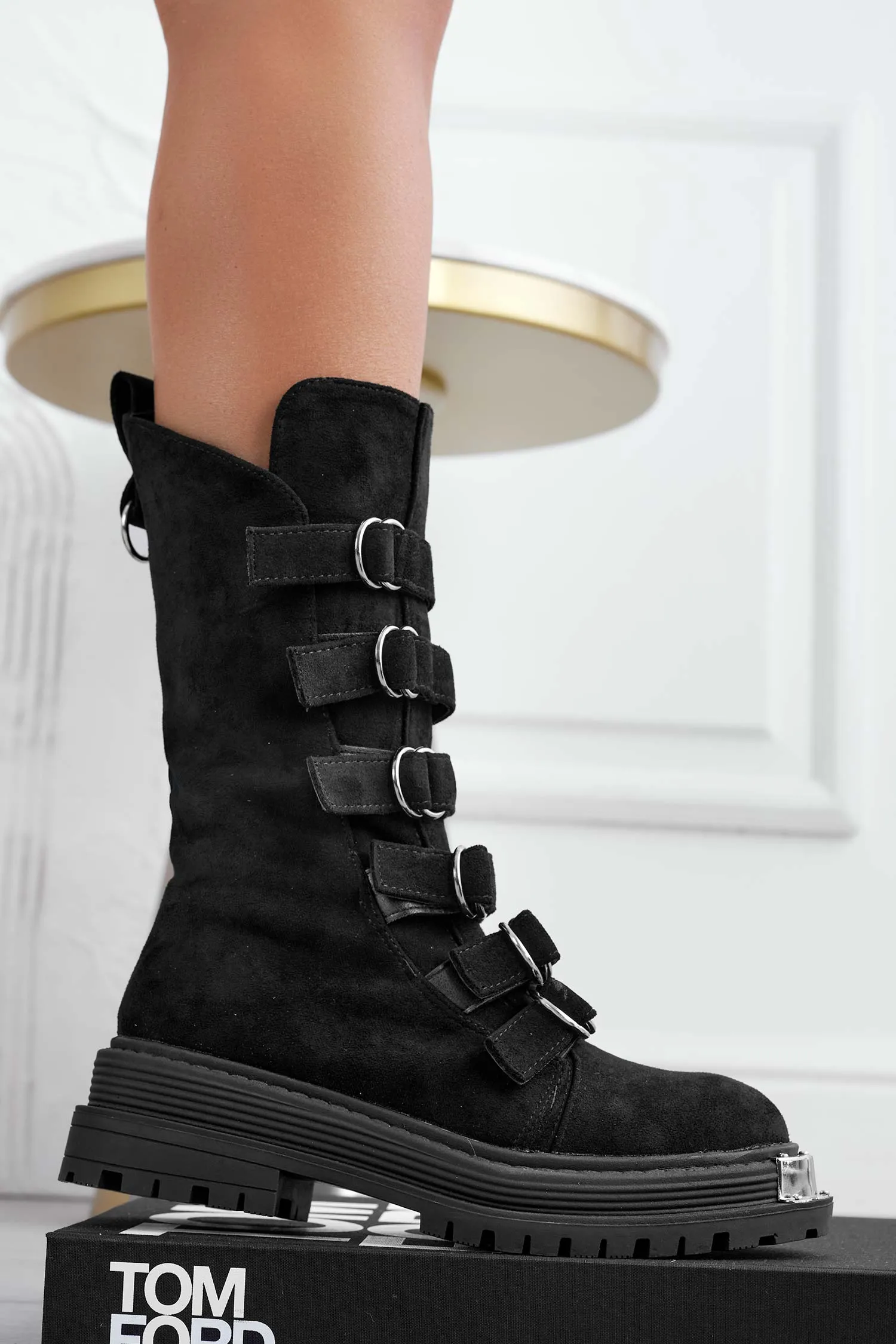 Monica - Black ankle boots with buckles and silver plate.