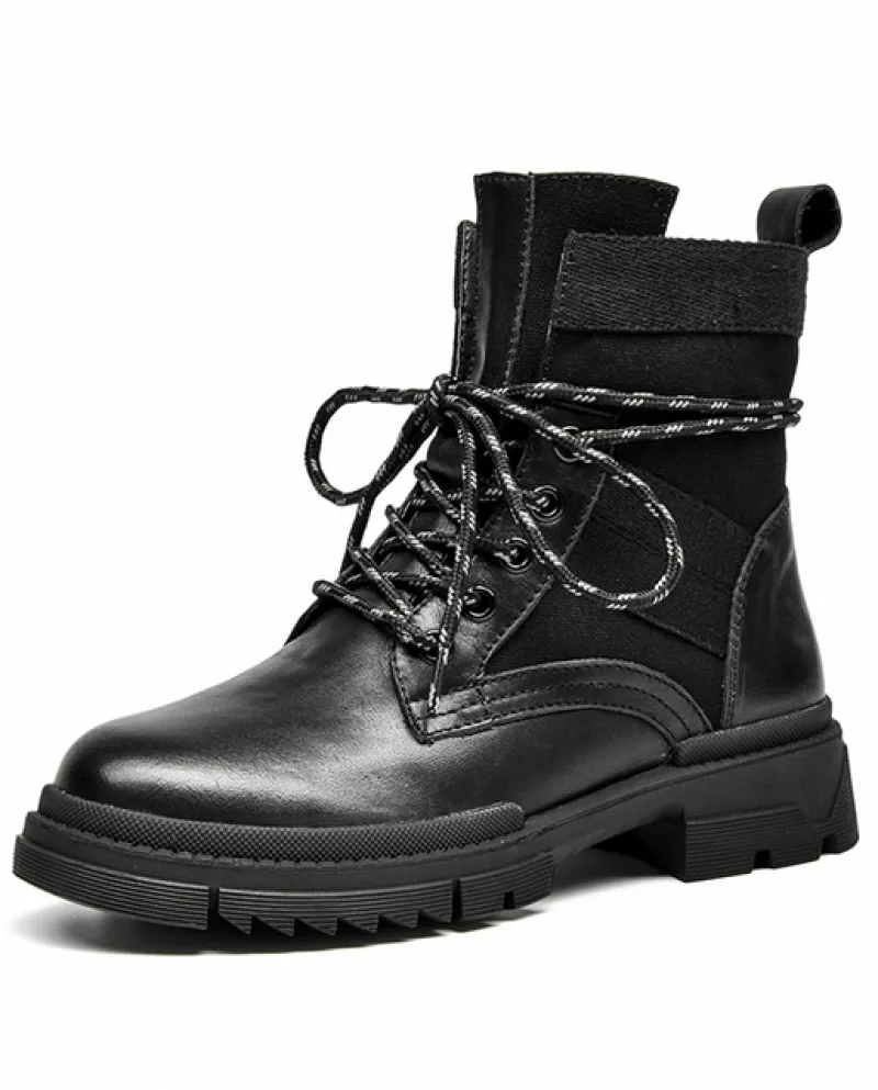 motorcycle boots cow leather combat boots patchwork canvas lace-up women's fashion shoes handmade