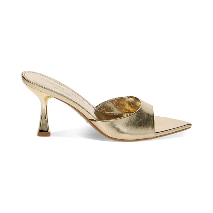 Mules with Open Toes, Gold Laminate, 8 cm Heels