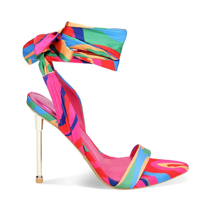 Multicolor satin sandals, 11cm heel.