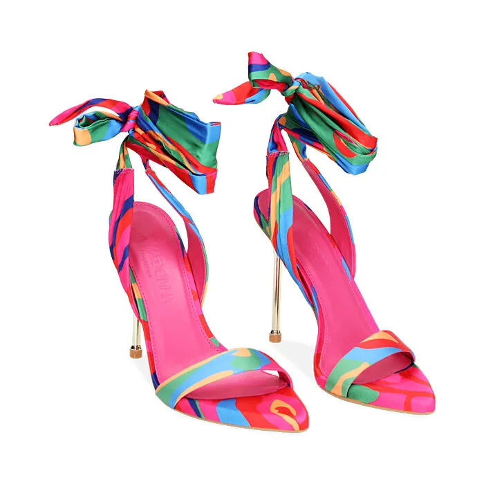 Multicolor satin sandals, 11cm heel.