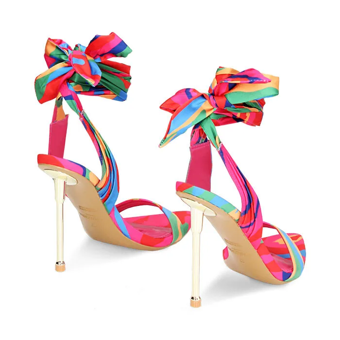 Multicolor satin sandals, 11cm heel.