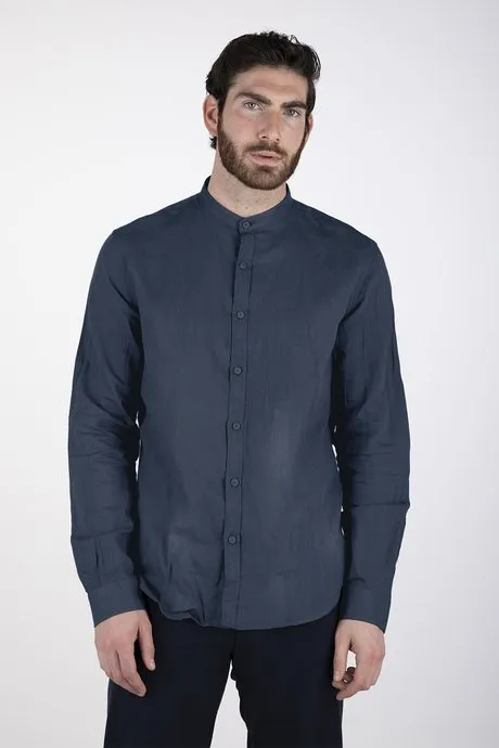Navy Blue Linen Men's Stand Collar Censured Shirt SM3693T LISM20