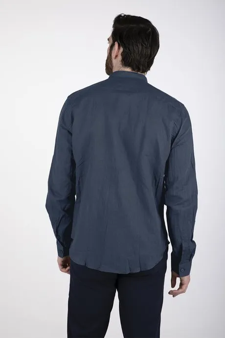Navy Blue Linen Men's Stand Collar Censured Shirt SM3693T LISM20