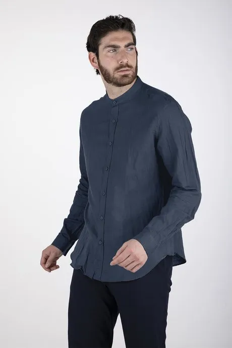Navy Blue Linen Men's Stand Collar Censured Shirt SM3693T LISM20