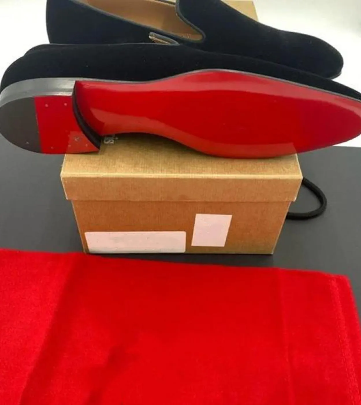 New arrivals in black breathable men's party shoes with free shipping. Red sole men's Flock loafers slip-on shoes.