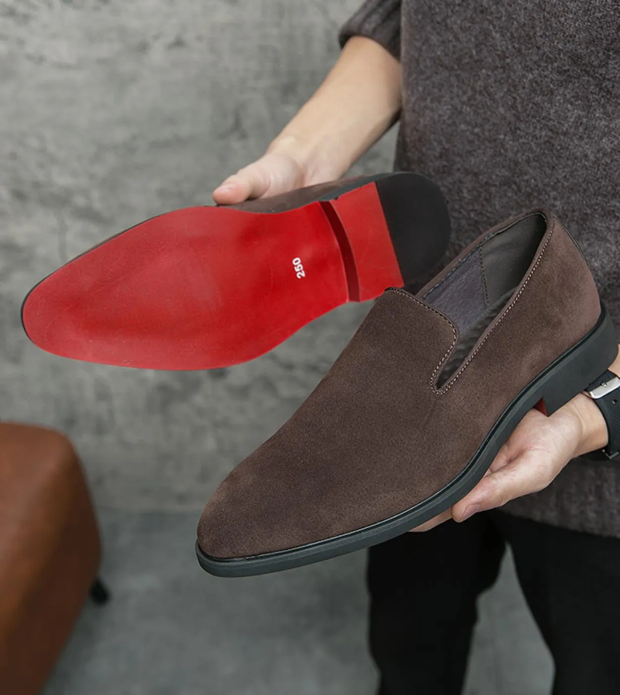 New arrivals in black breathable men's party shoes with free shipping. Red sole men's Flock loafers slip-on shoes.