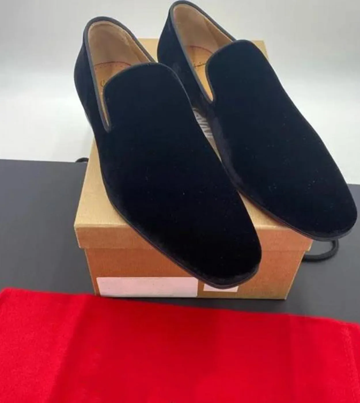 New arrivals in black breathable men's party shoes with free shipping. Red sole men's Flock loafers slip-on shoes.