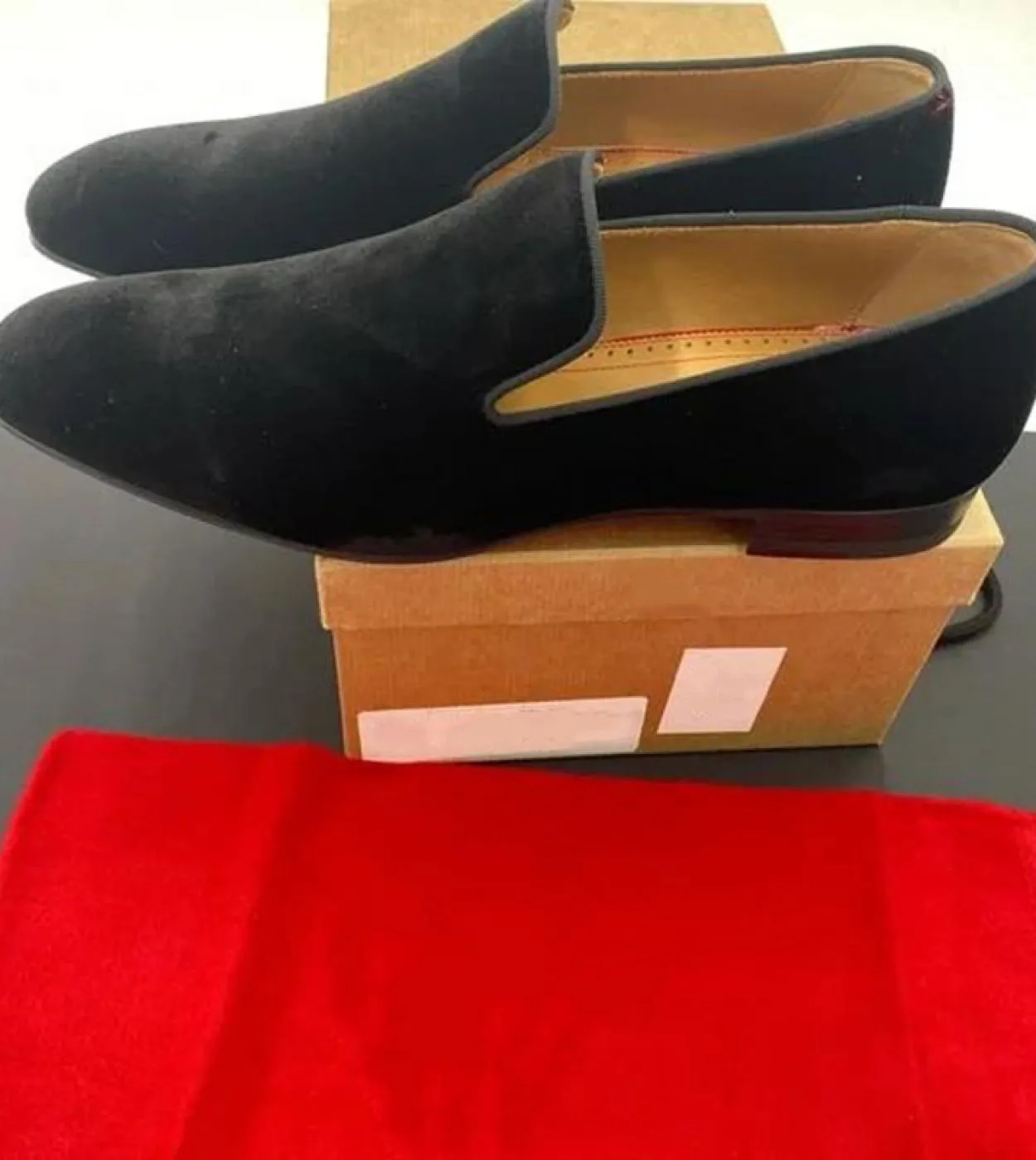New arrivals in black breathable men's party shoes with free shipping. Red sole men's Flock loafers slip-on shoes.