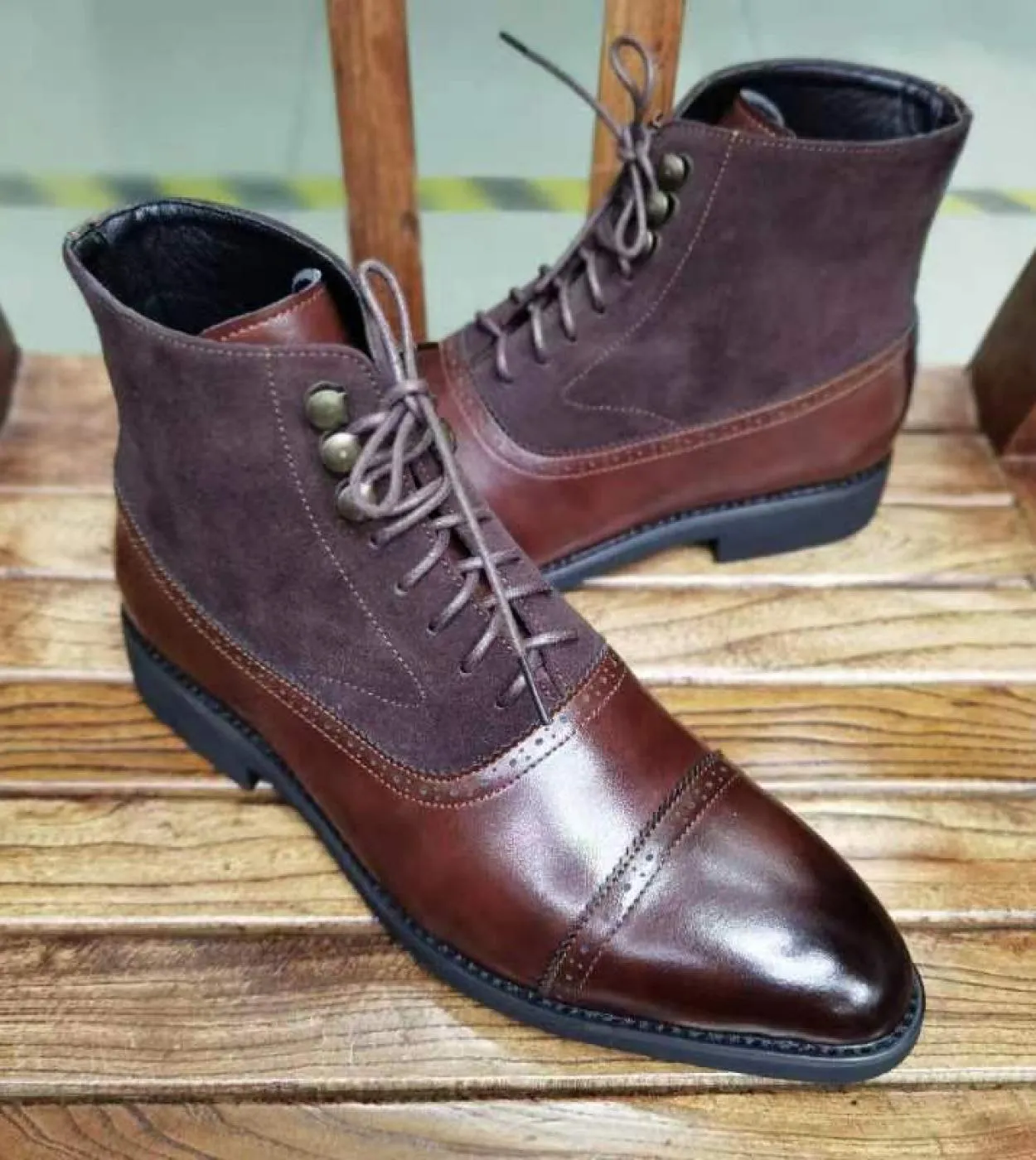 New men's brown ankle boots, flock lace-up, round toe, ankle strap, black men's boots, free shipping B