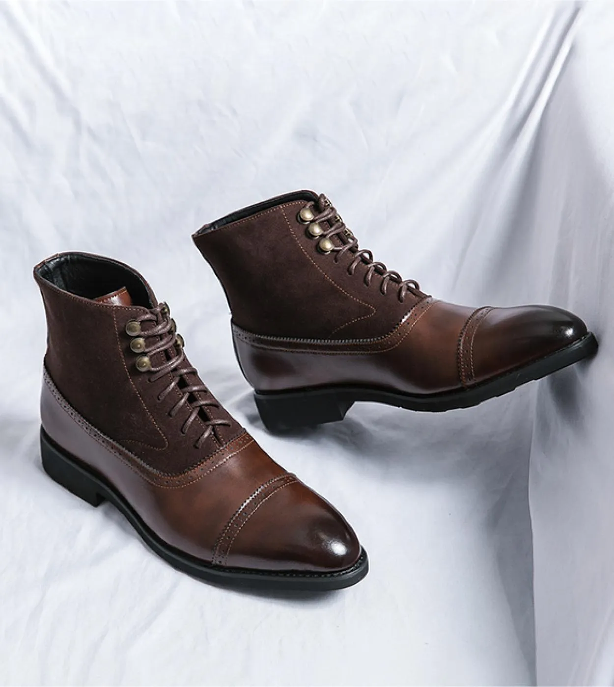 New men's brown ankle boots, flock lace-up, round toe, ankle strap, black men's boots, free shipping B