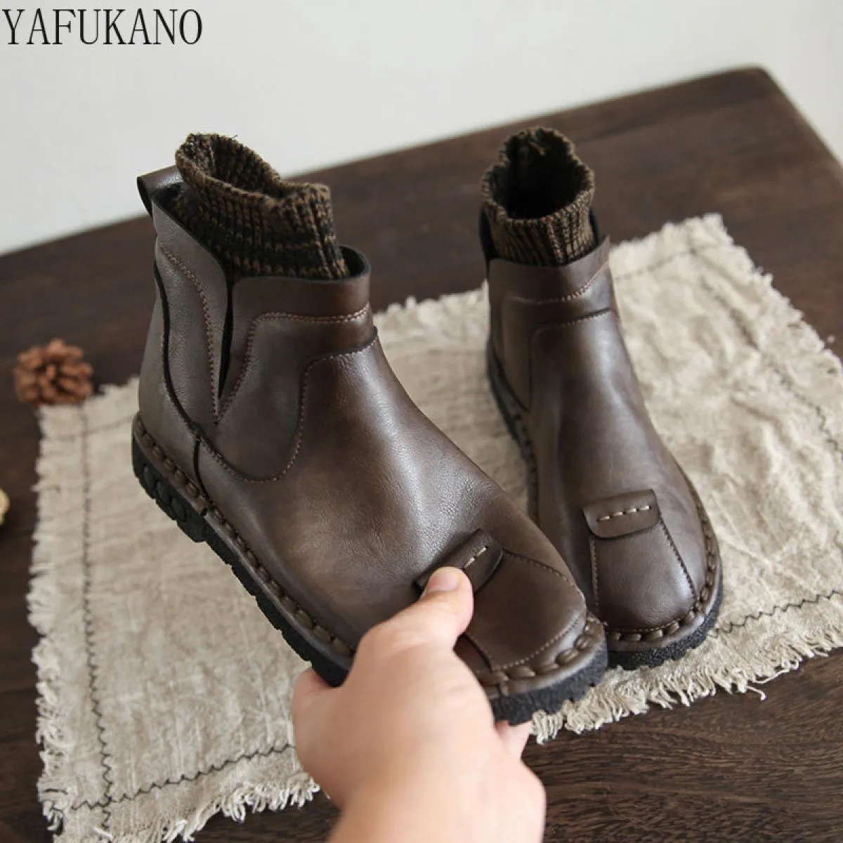 Original handcrafted retro literary wool mouth boots by Mori with comfortable soft sole. Perfect casual autumn footwear.