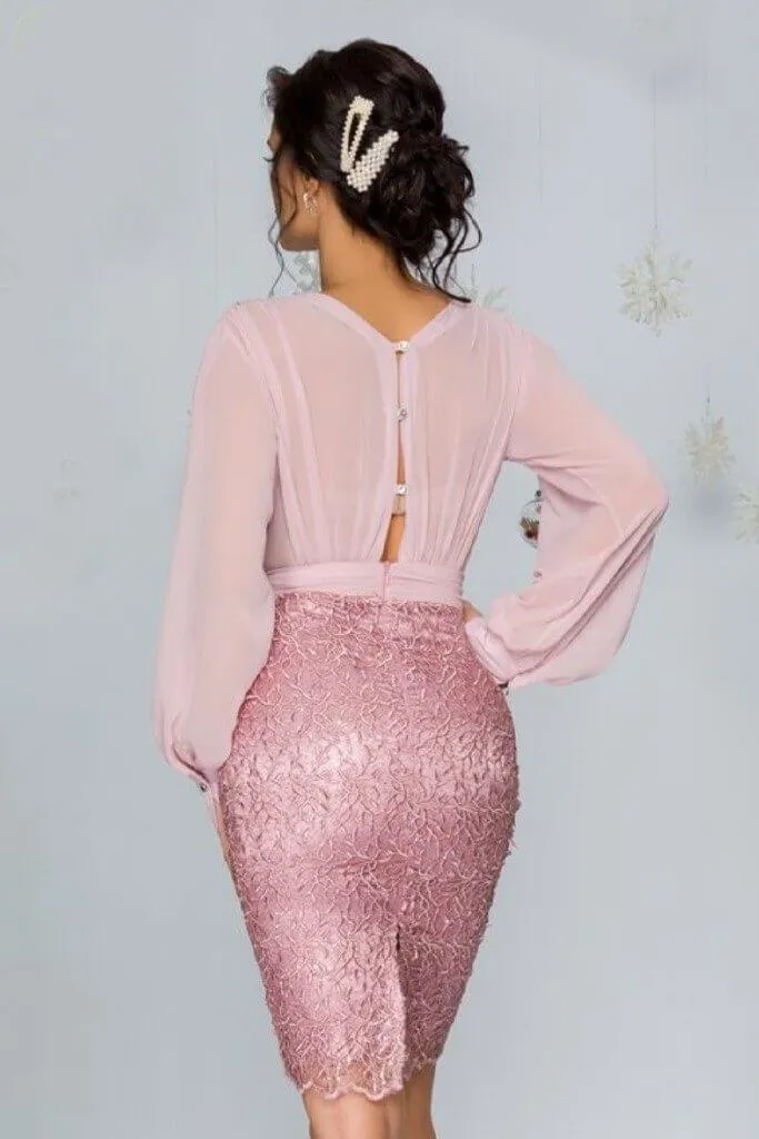 Pink long sleeve Pretty Girl sheath dress with velvet bodice and embroidered skirt.
