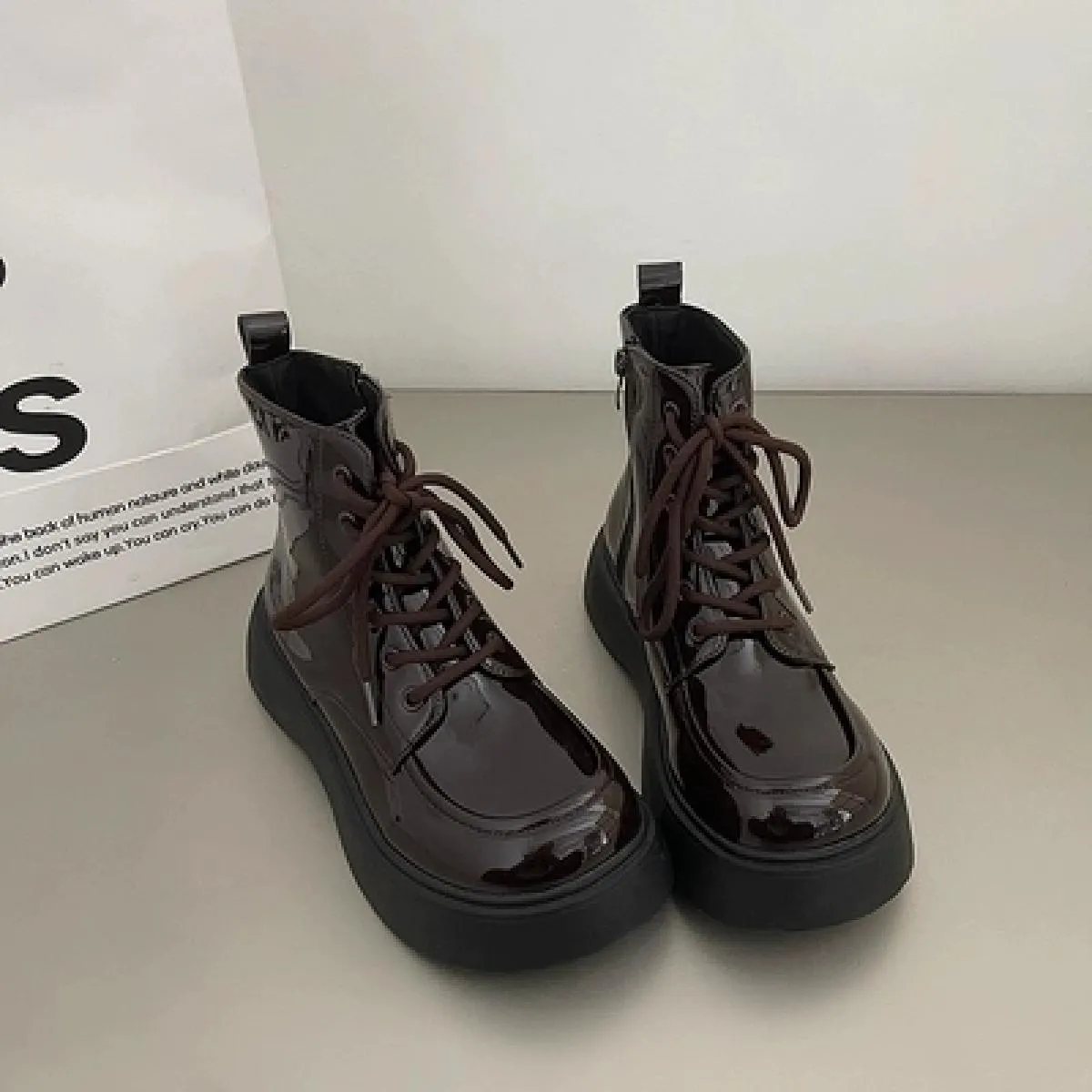 Popular Women's Retro Black Ankle Boots with Thick Platform Sole and British Style Lace-up Increase Height