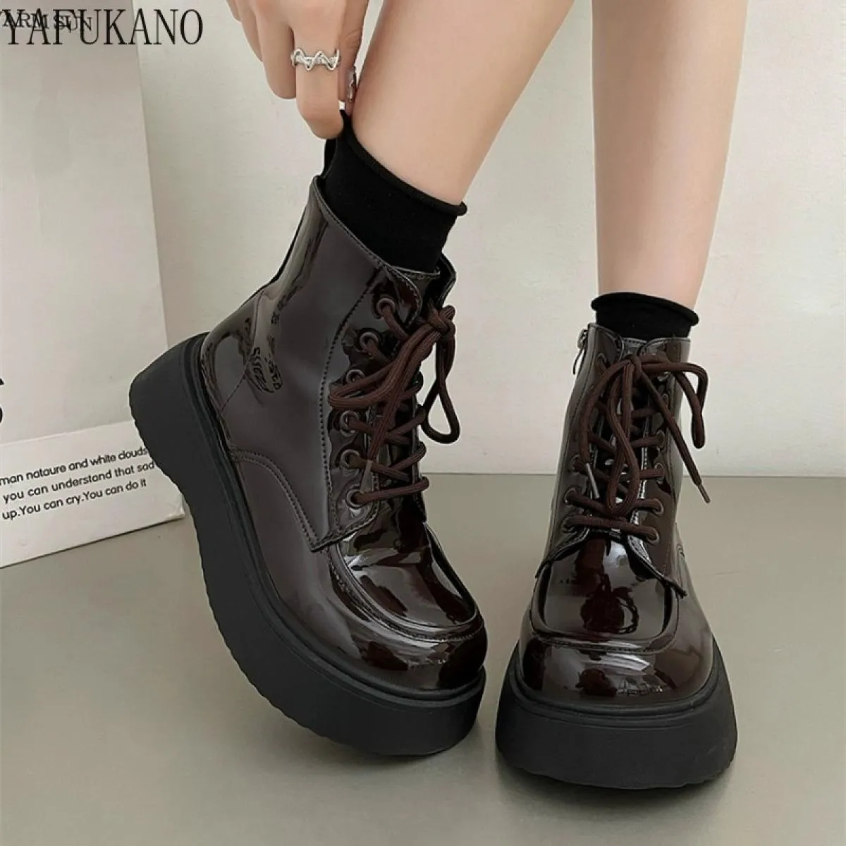 Popular Women's Retro Black Ankle Boots with Thick Platform Sole and British Style Lace-up Increase Height