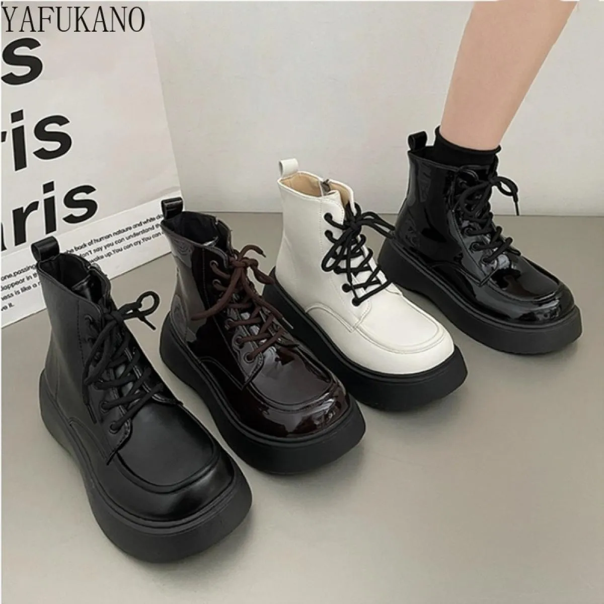 Popular Women's Retro Black Ankle Boots with Thick Platform Sole and British Style Lace-up Increase Height