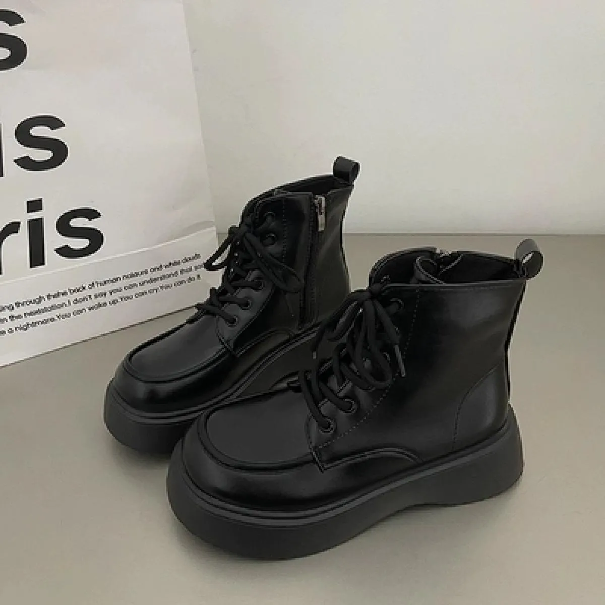 Popular Women's Retro Black Ankle Boots with Thick Platform Sole and British Style Lace-up Increase Height