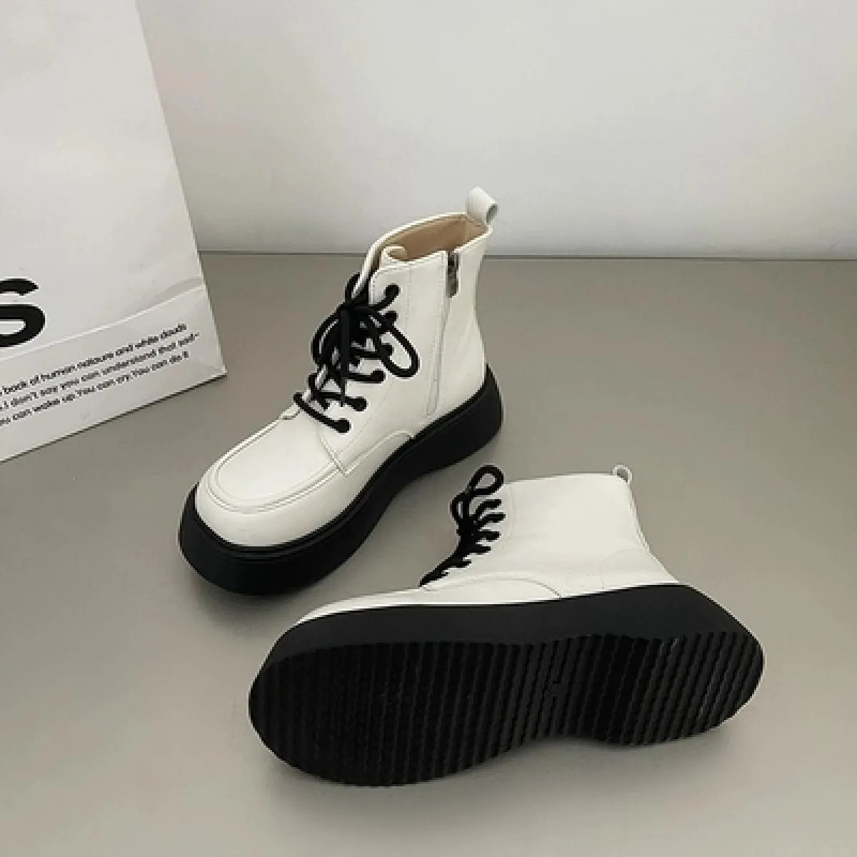Popular Women's Retro Black Ankle Boots with Thick Platform Sole and British Style Lace-up Increase Height