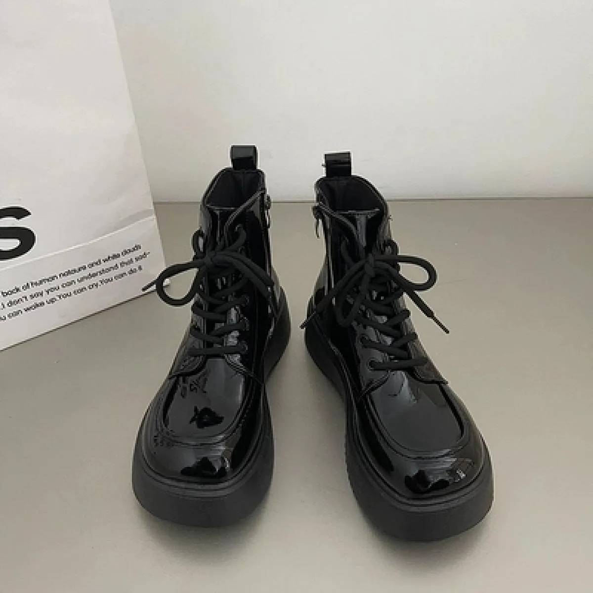 Popular Women's Retro Black Ankle Boots with Thick Platform Sole and British Style Lace-up Increase Height