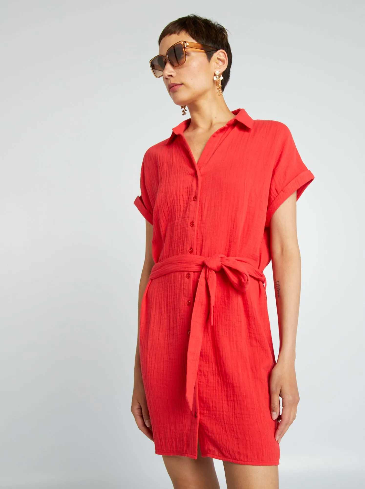 Red cotton double gauze shirt-shaped short dress