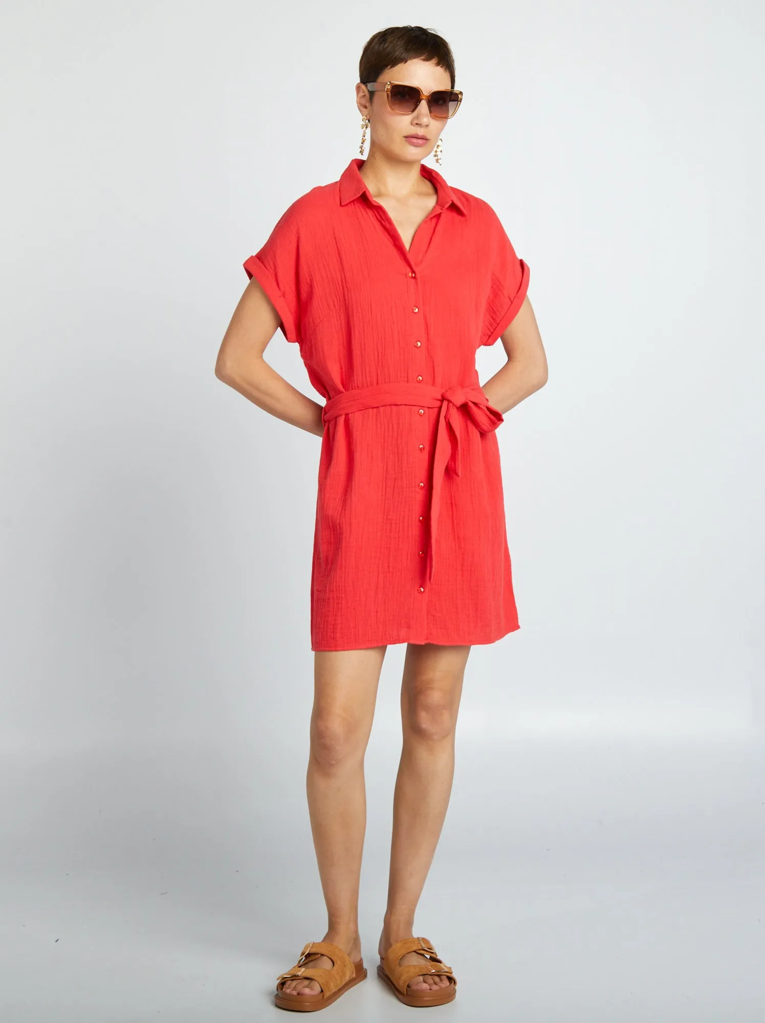 Red cotton double gauze shirt-shaped short dress