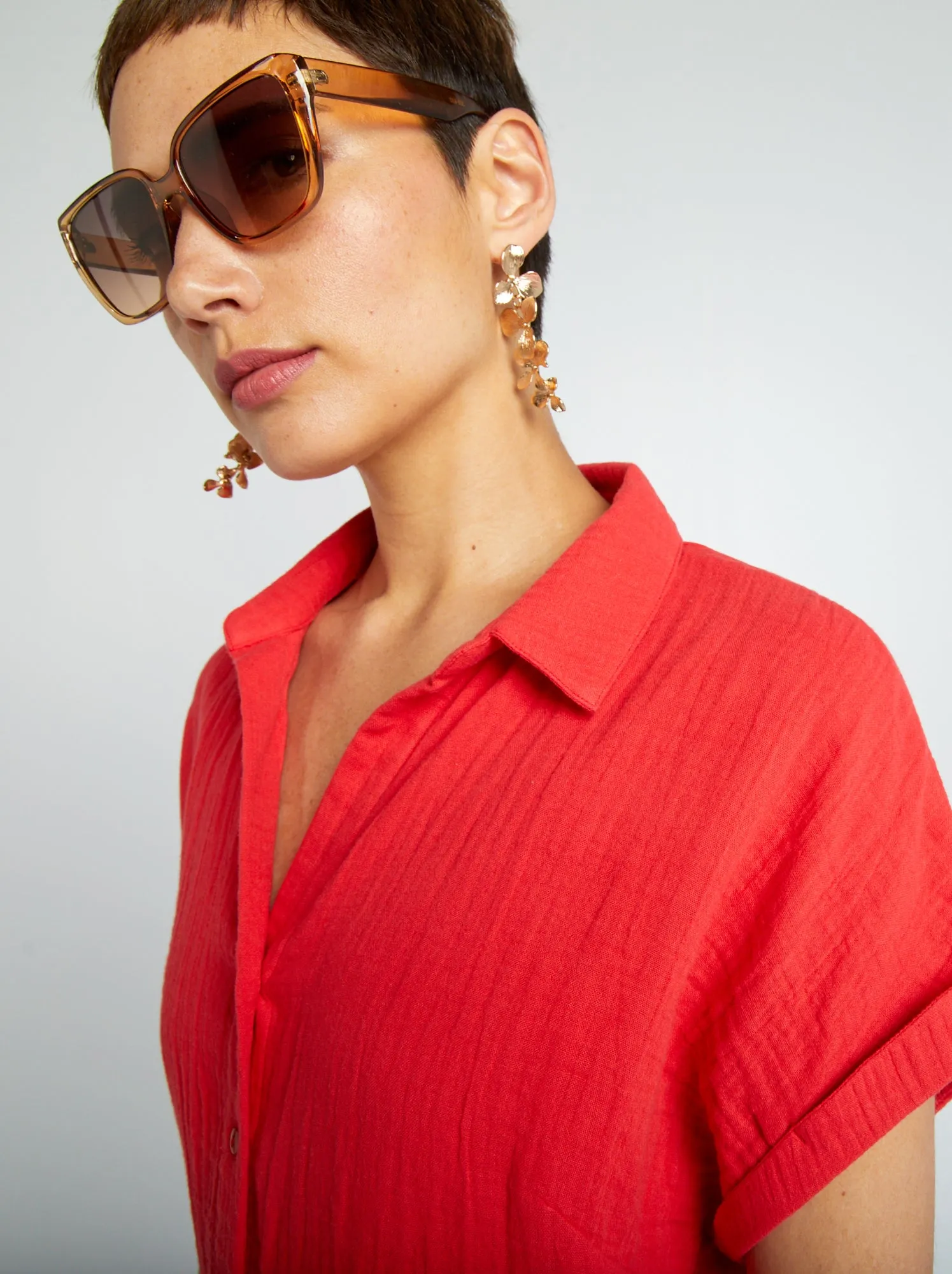 Red cotton double gauze shirt-shaped short dress
