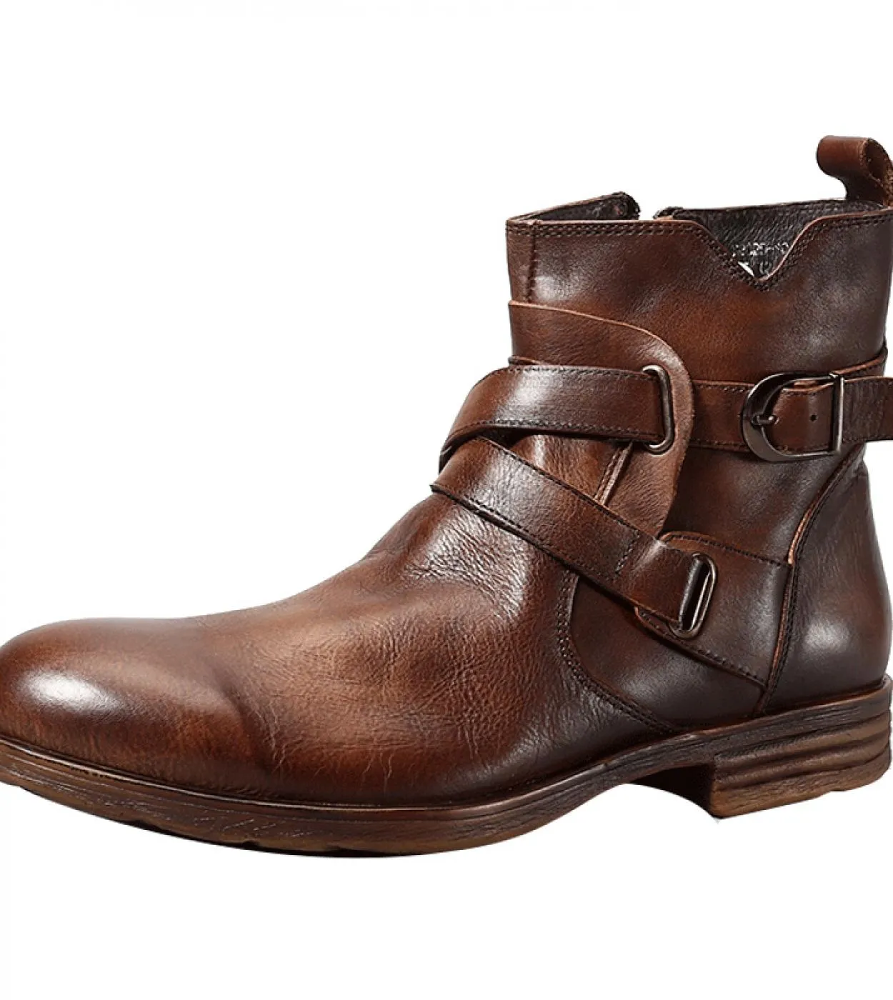 Retro Men Punk Boot Street Shoes with Zipper, Personality Men's Motorcycle Boots with Genuine Leather Buckle