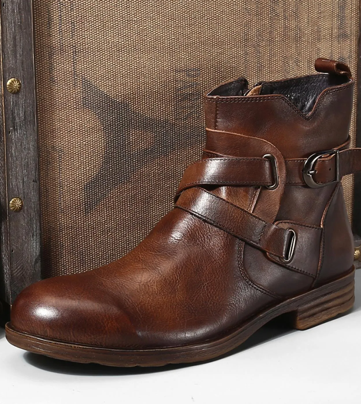 Retro Men Punk Boot Street Shoes with Zipper, Personality Men's Motorcycle Boots with Genuine Leather Buckle