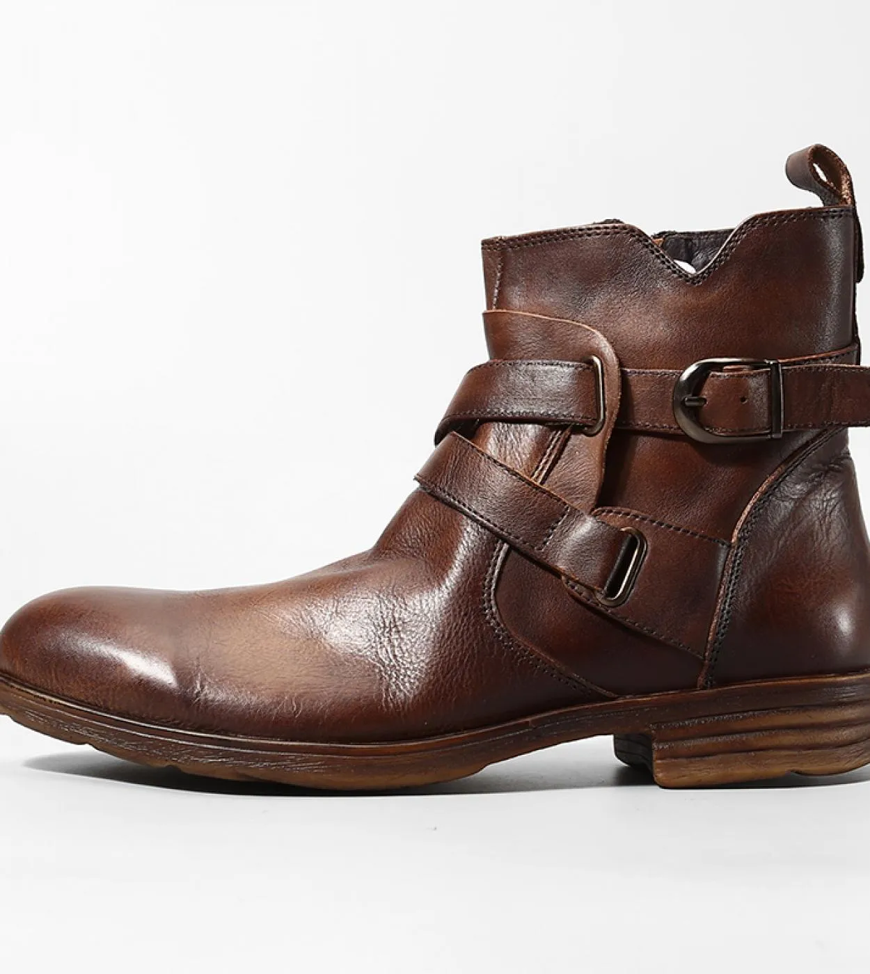 Retro Men Punk Boot Street Shoes with Zipper, Personality Men's Motorcycle Boots with Genuine Leather Buckle