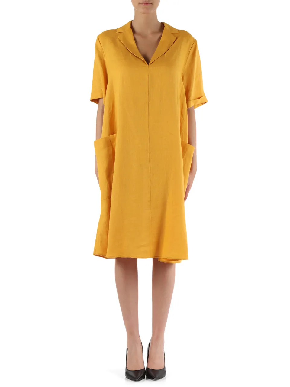 Revers collar linen dress