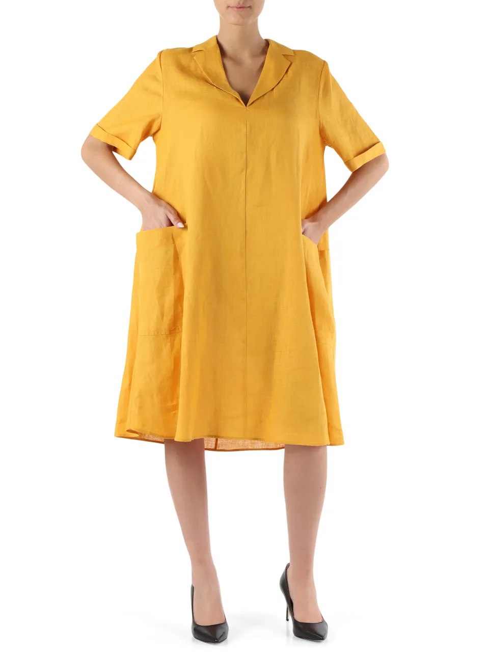Revers collar linen dress