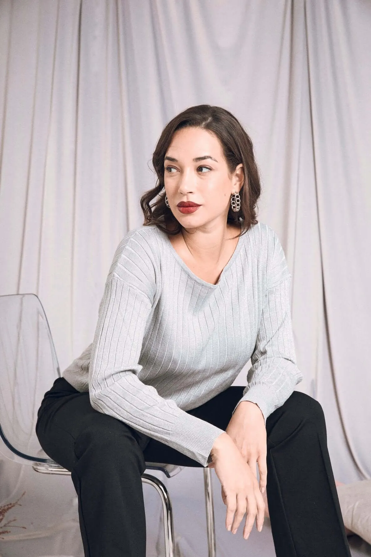 Ribbed Boat Neck Sweater with Lurex in Pearl Color
