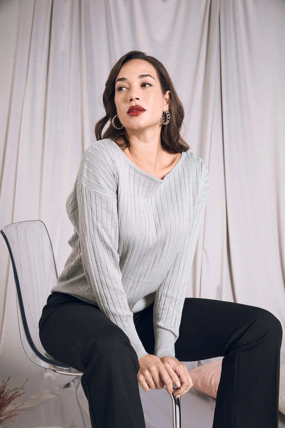 Ribbed Boat Neck Sweater with Lurex in Pearl Color