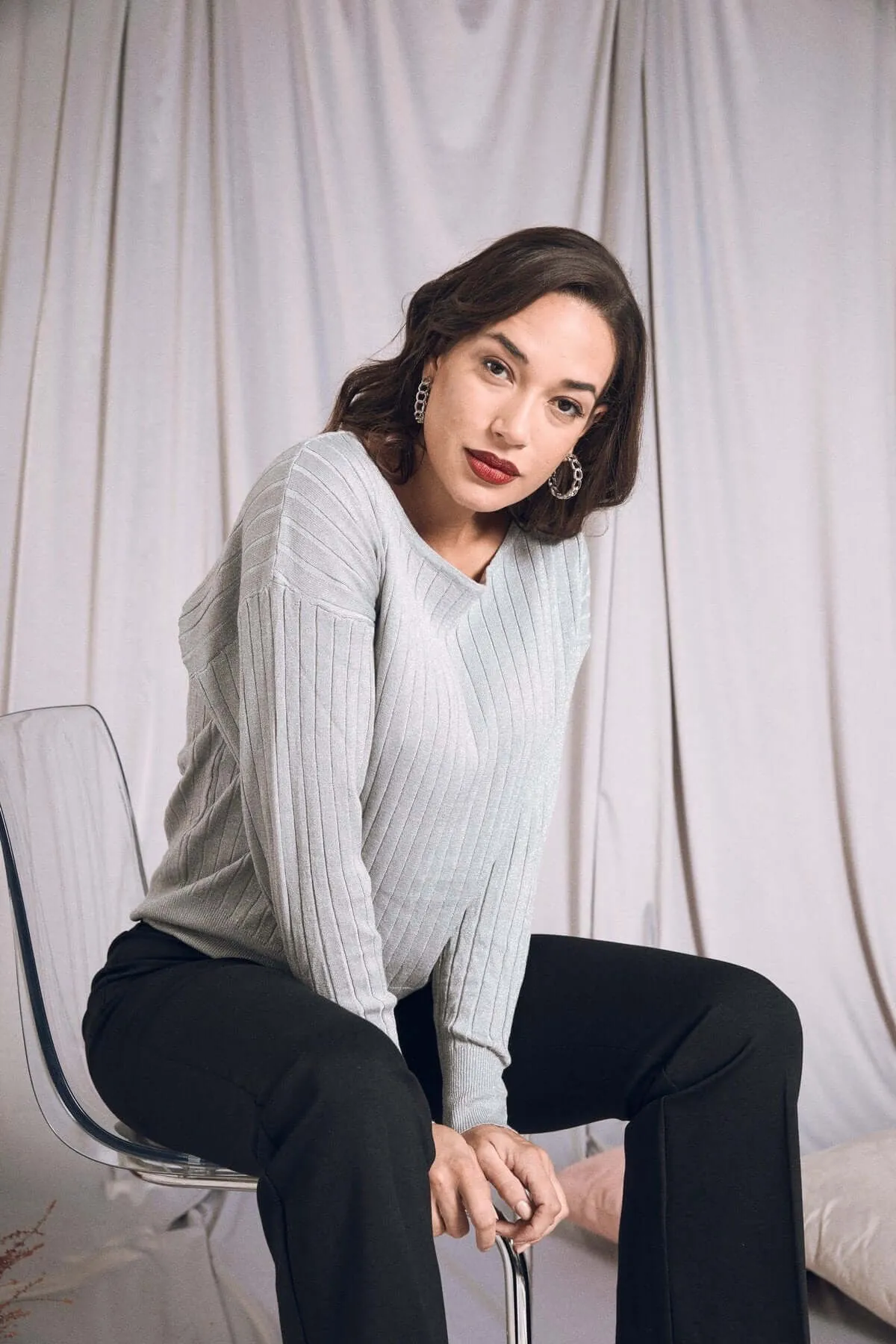 Ribbed Boat Neck Sweater with Lurex in Pearl Color