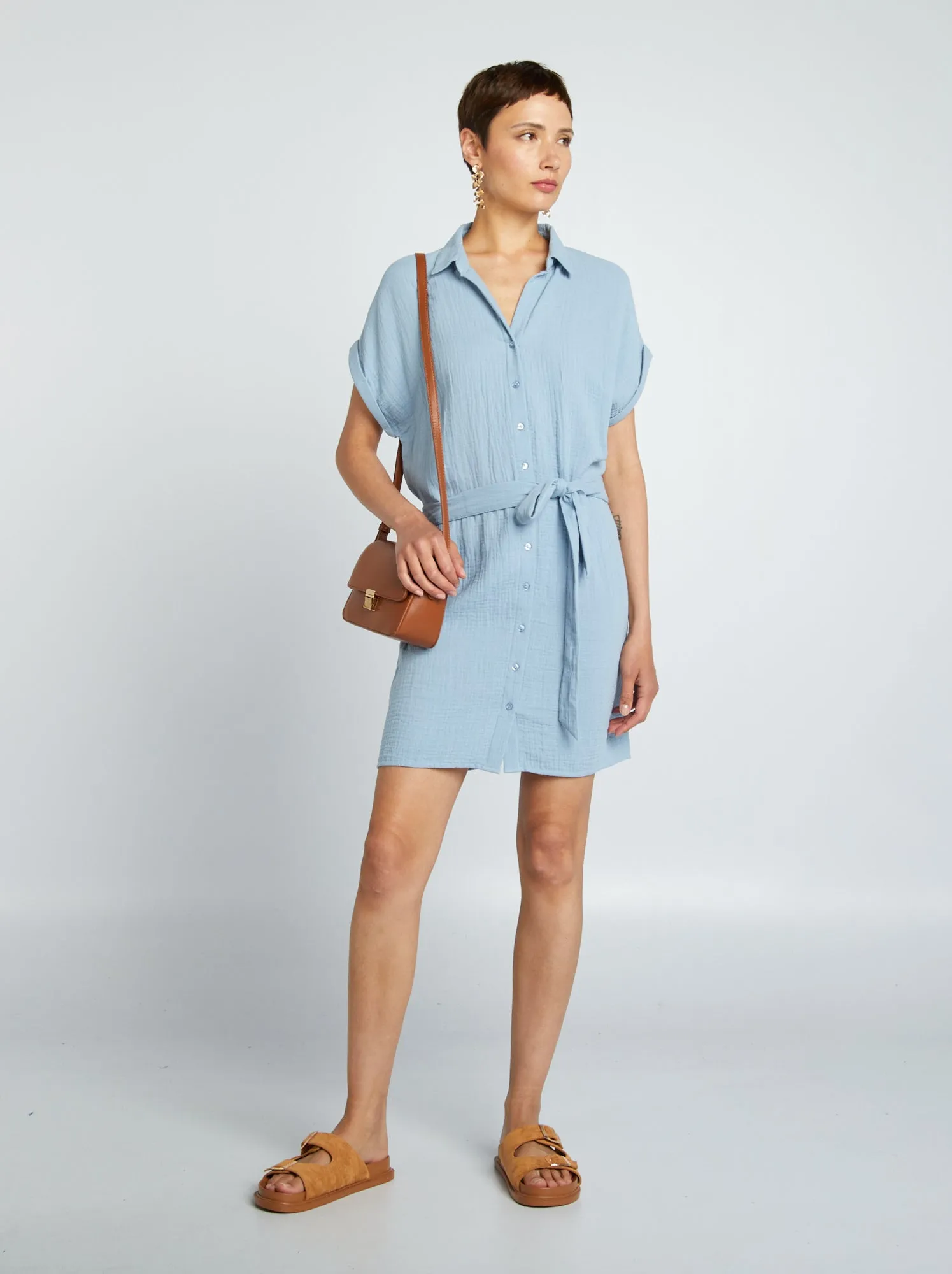 Short cotton batiste shirt dress - Blue.