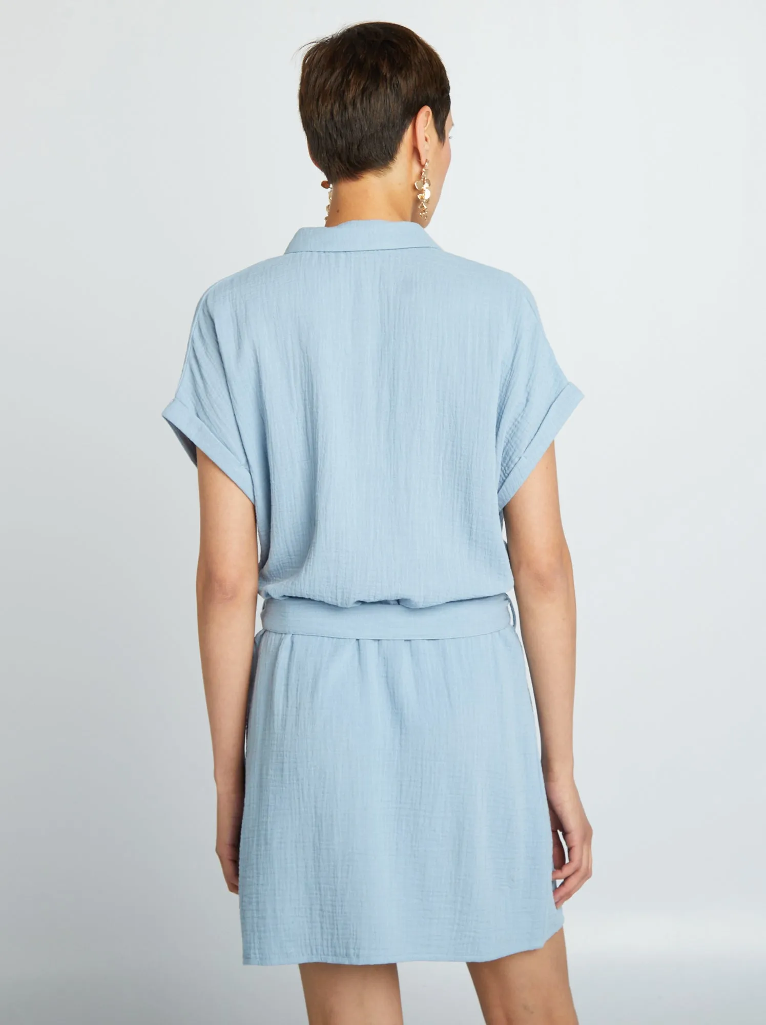 Short cotton batiste shirt dress - Blue.