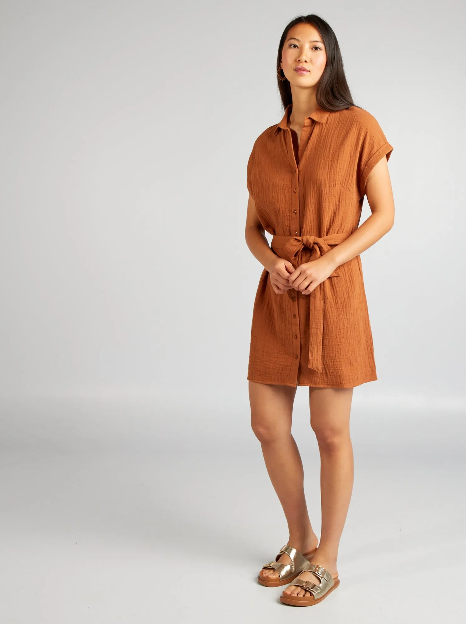 Short cotton shirt dress in double gauze fabric - BROWN