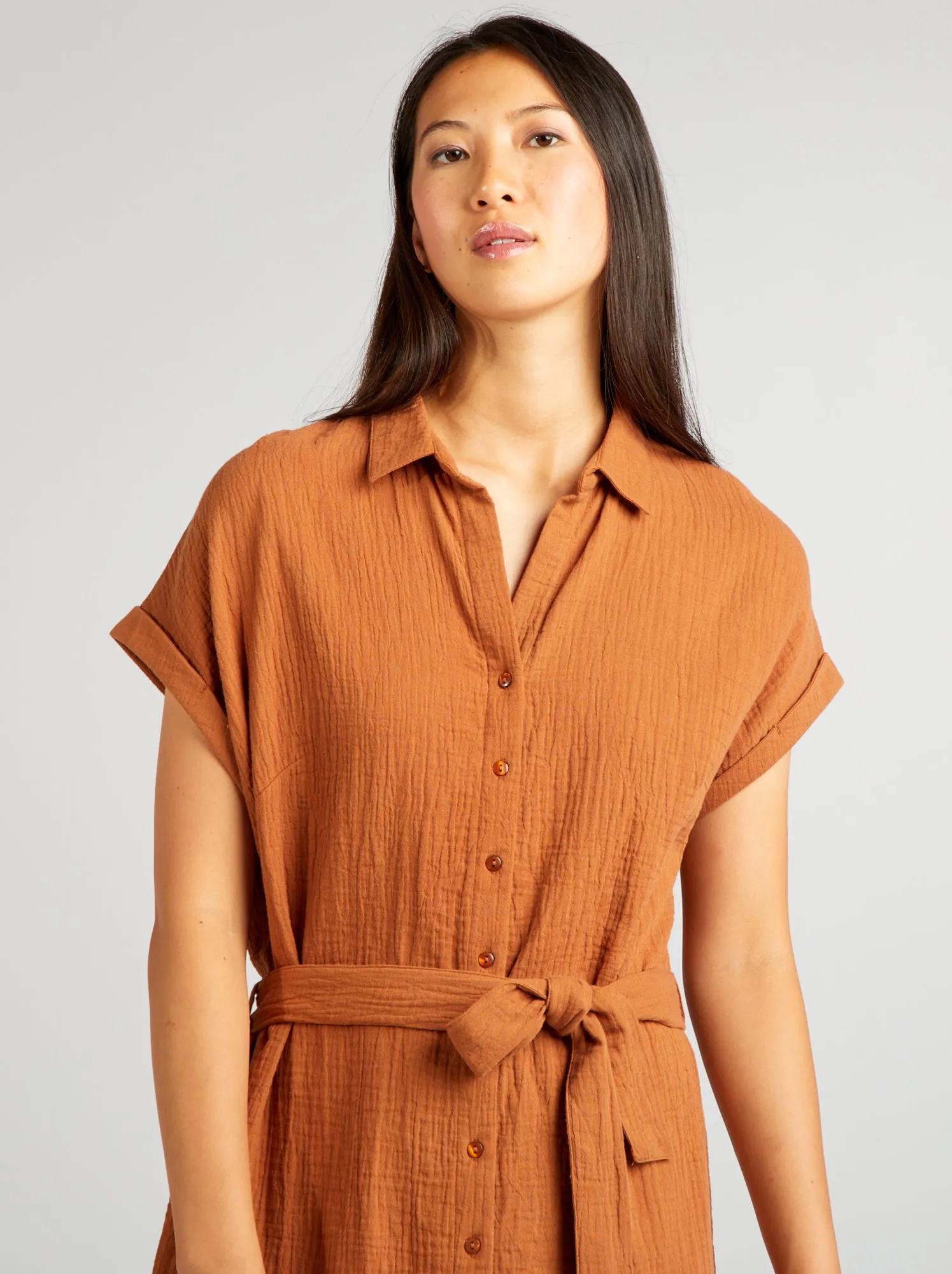 Short cotton shirt dress in double gauze fabric - BROWN