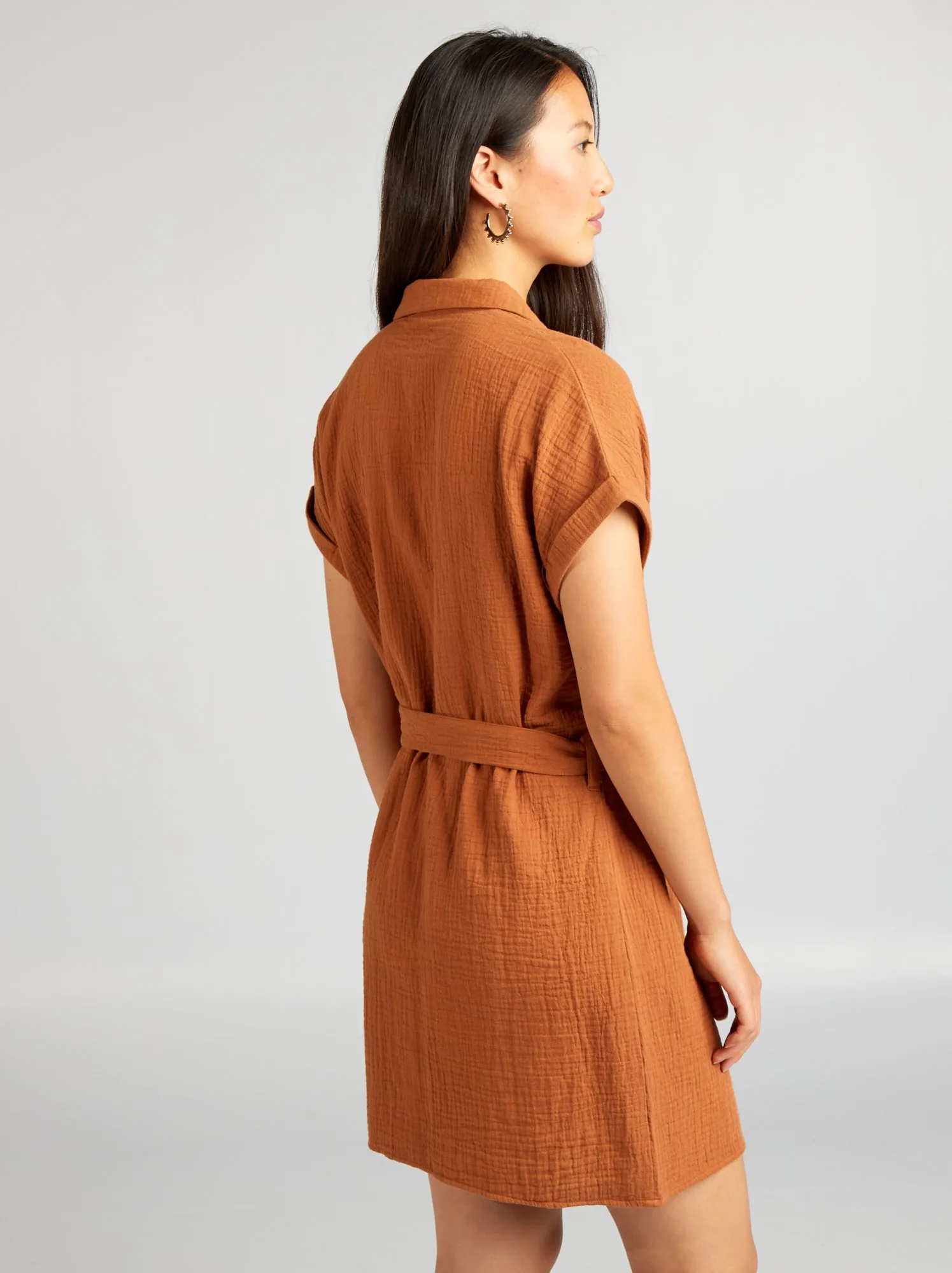 Short cotton shirt dress in double gauze fabric - BROWN
