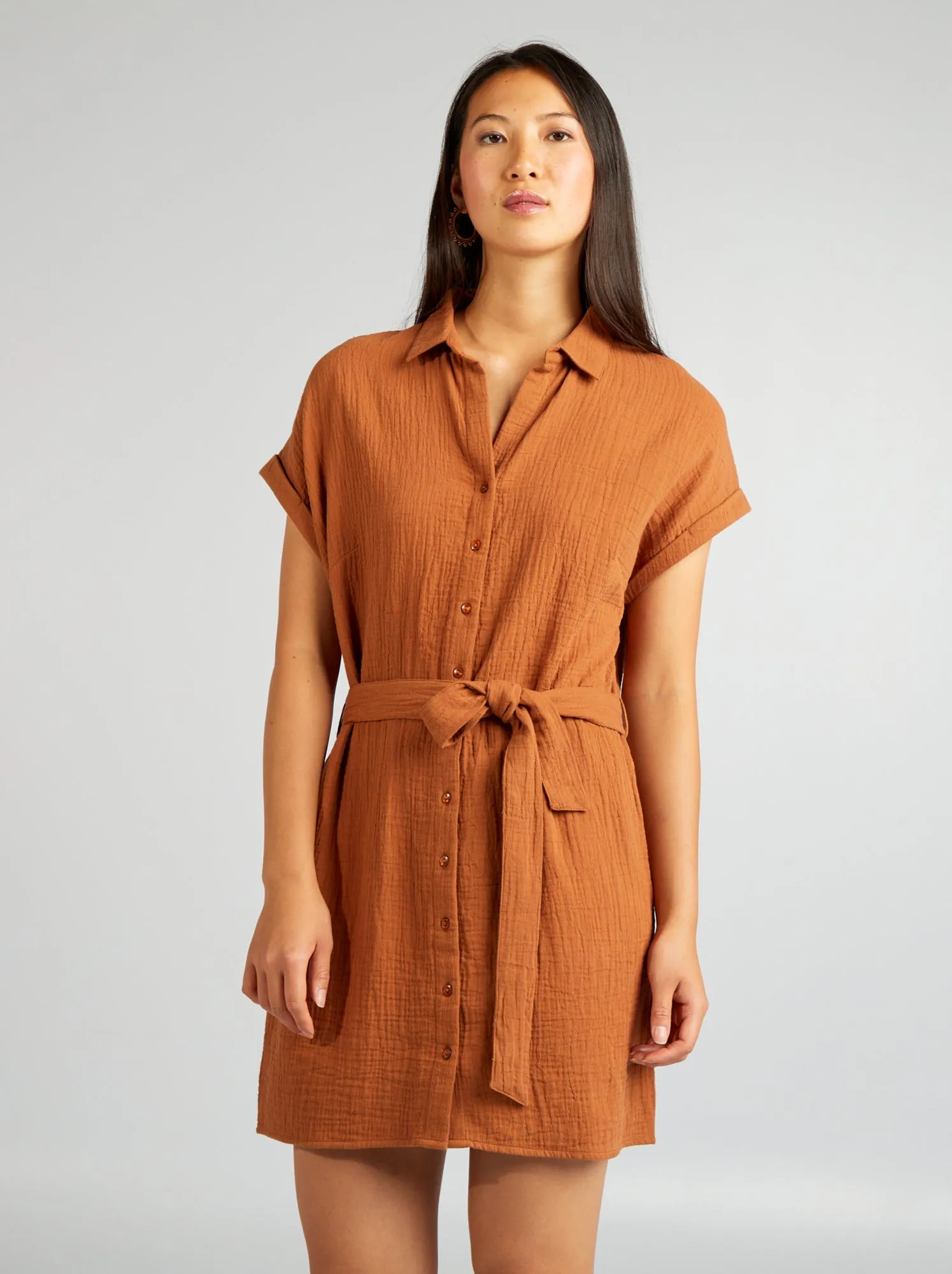Short cotton shirt dress in double gauze fabric - BROWN