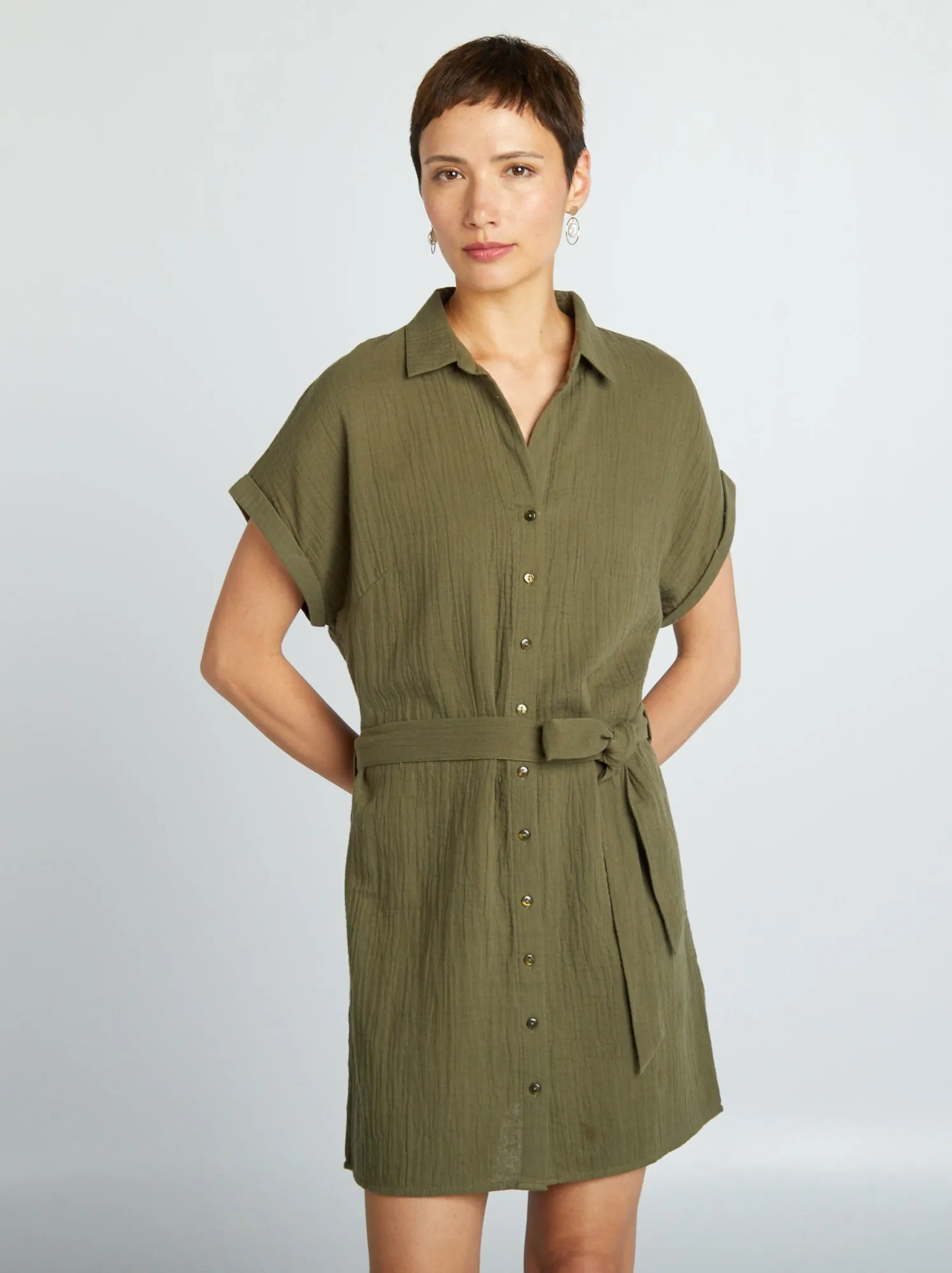 Short shirt dress in double cotton gauze - KHAKI.
