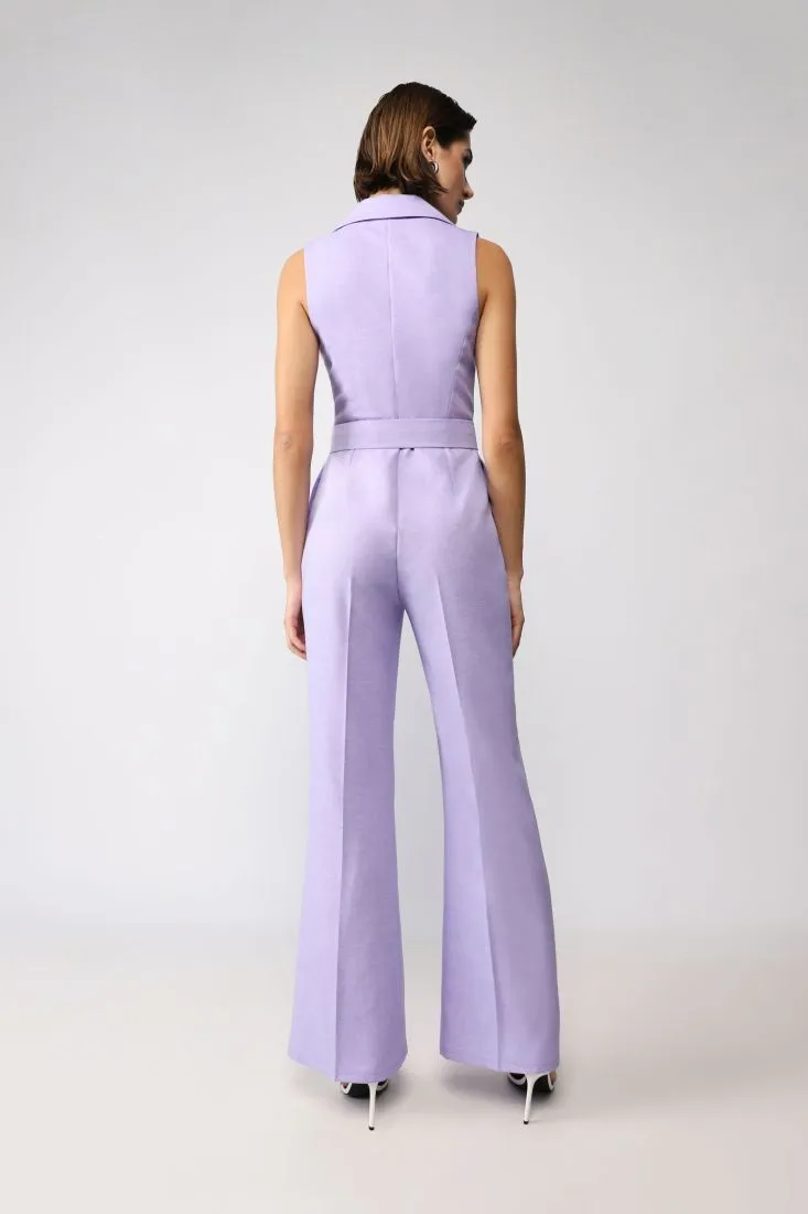 Sleeveless monocolour jumpsuit with belt and flared pants: