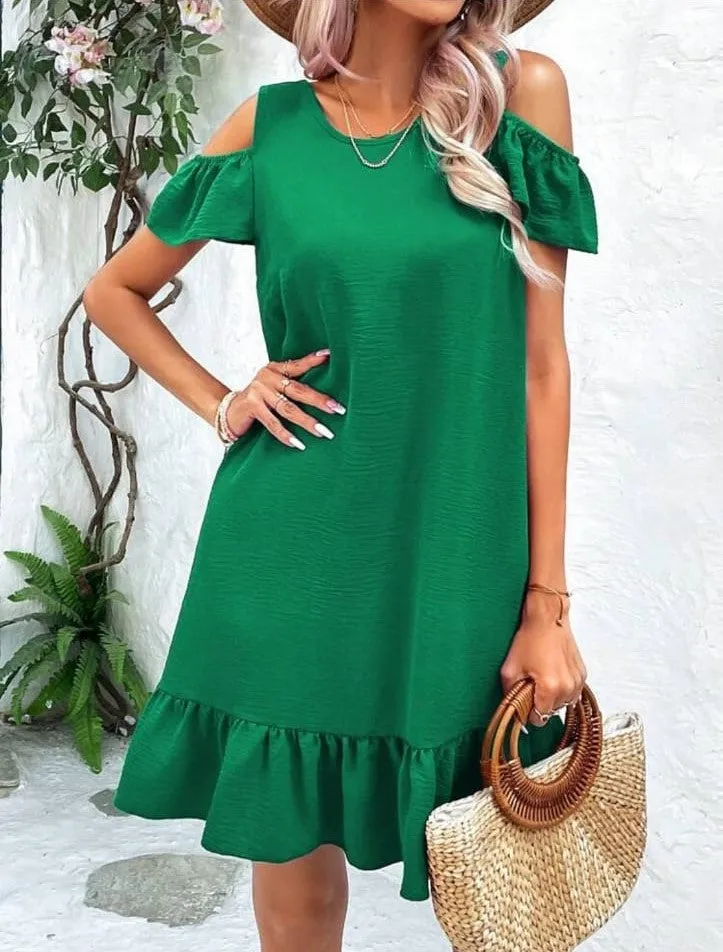 Soft Round Neck Dress with Ruffled Straps and Bow Detail - Solid Color, Casual and Comfortable