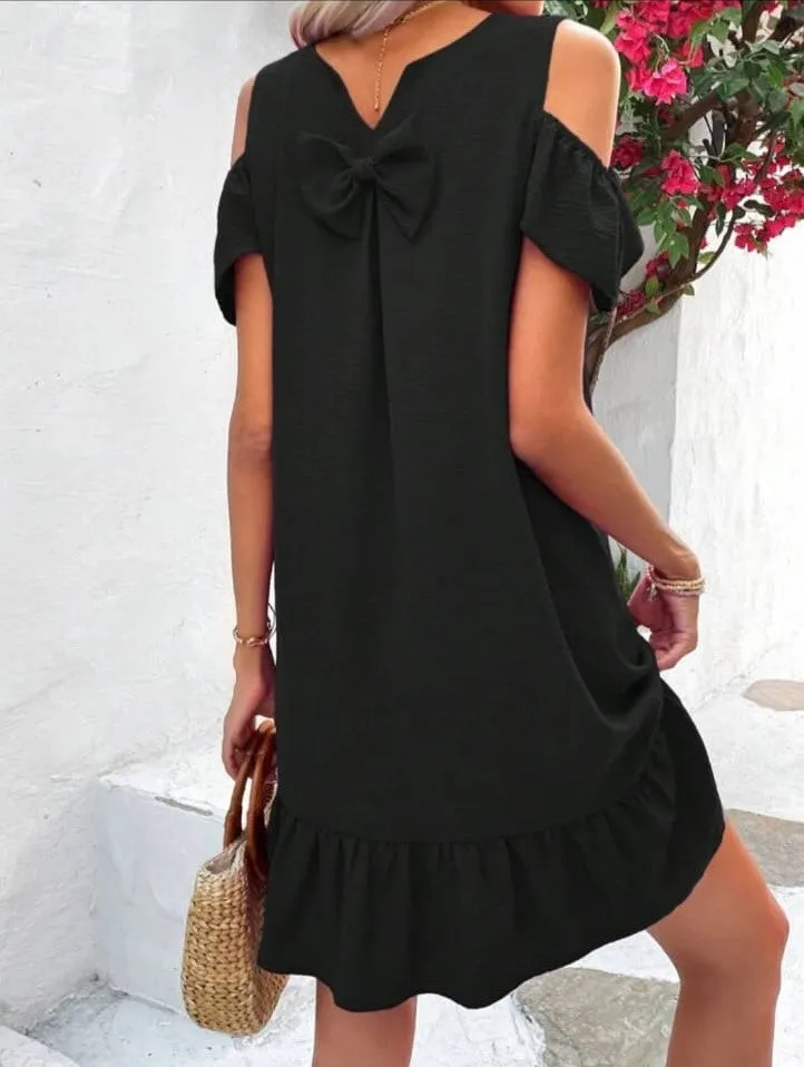 Soft Round Neck Dress with Ruffled Straps and Bow Detail - Solid Color, Casual and Comfortable