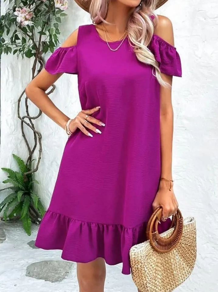 Soft Round Neck Dress with Ruffled Straps and Bow Detail - Solid Color, Casual and Comfortable