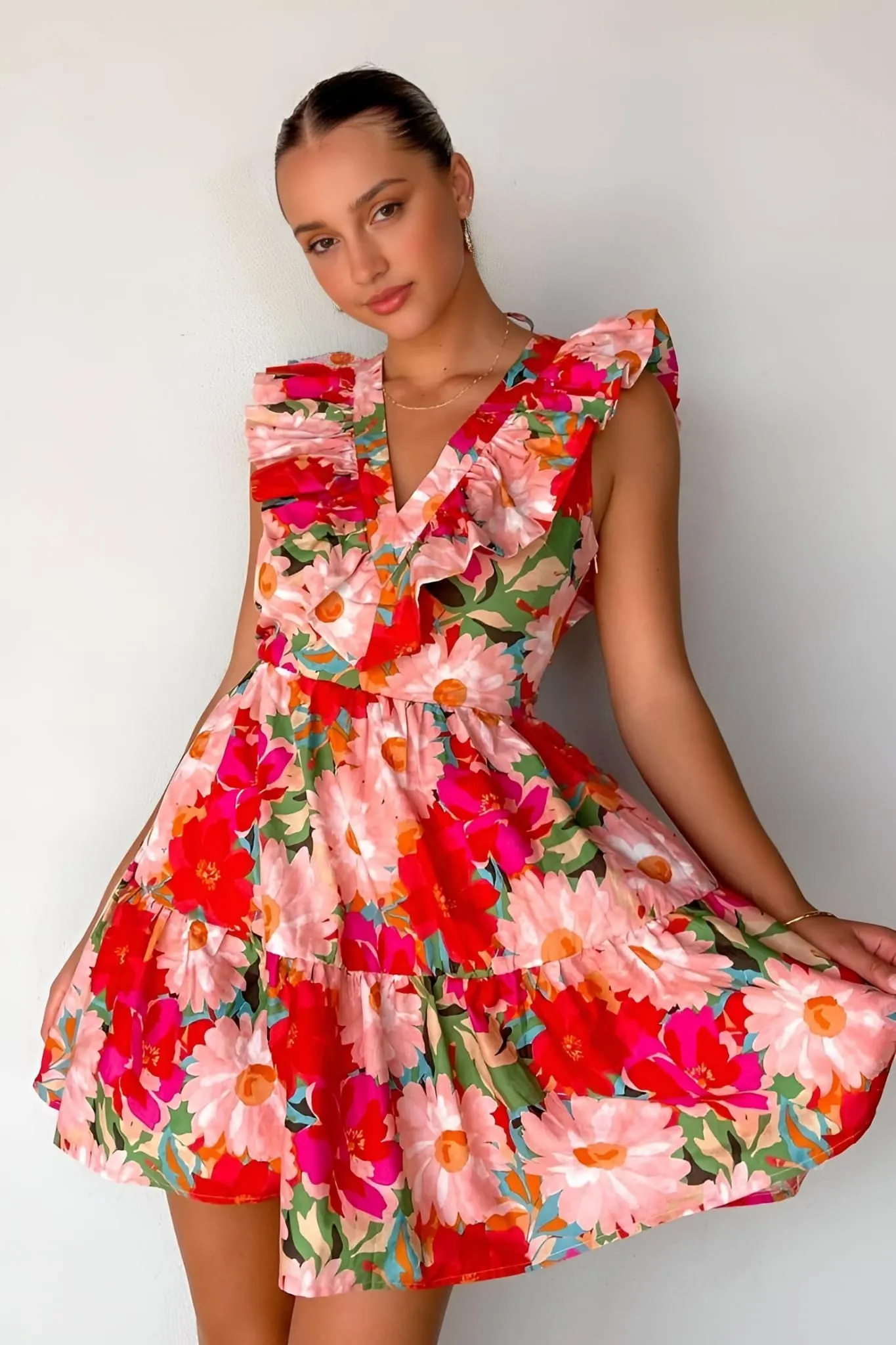 Soft Women's Dress - Floral Print, V-Neckline, Multicolor, Backless.