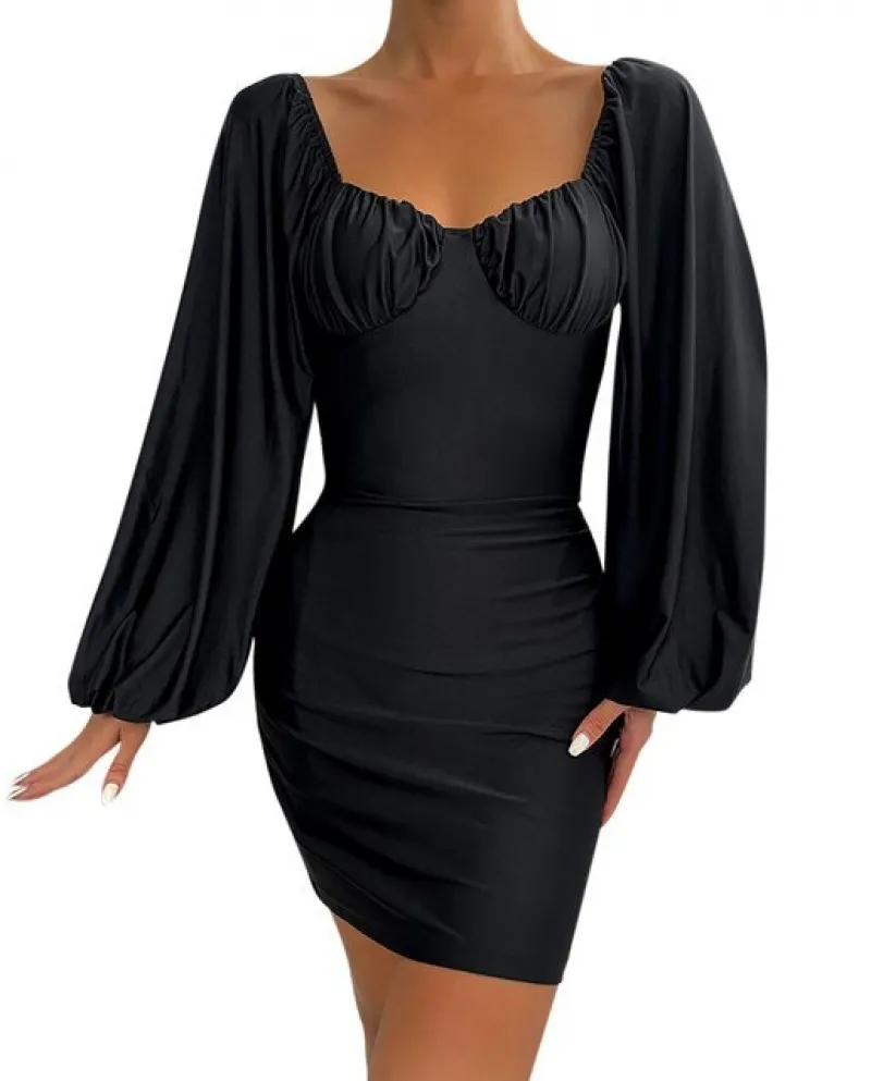 Solid color trendy slim party dress, woman's elegant dress with long sleeves.