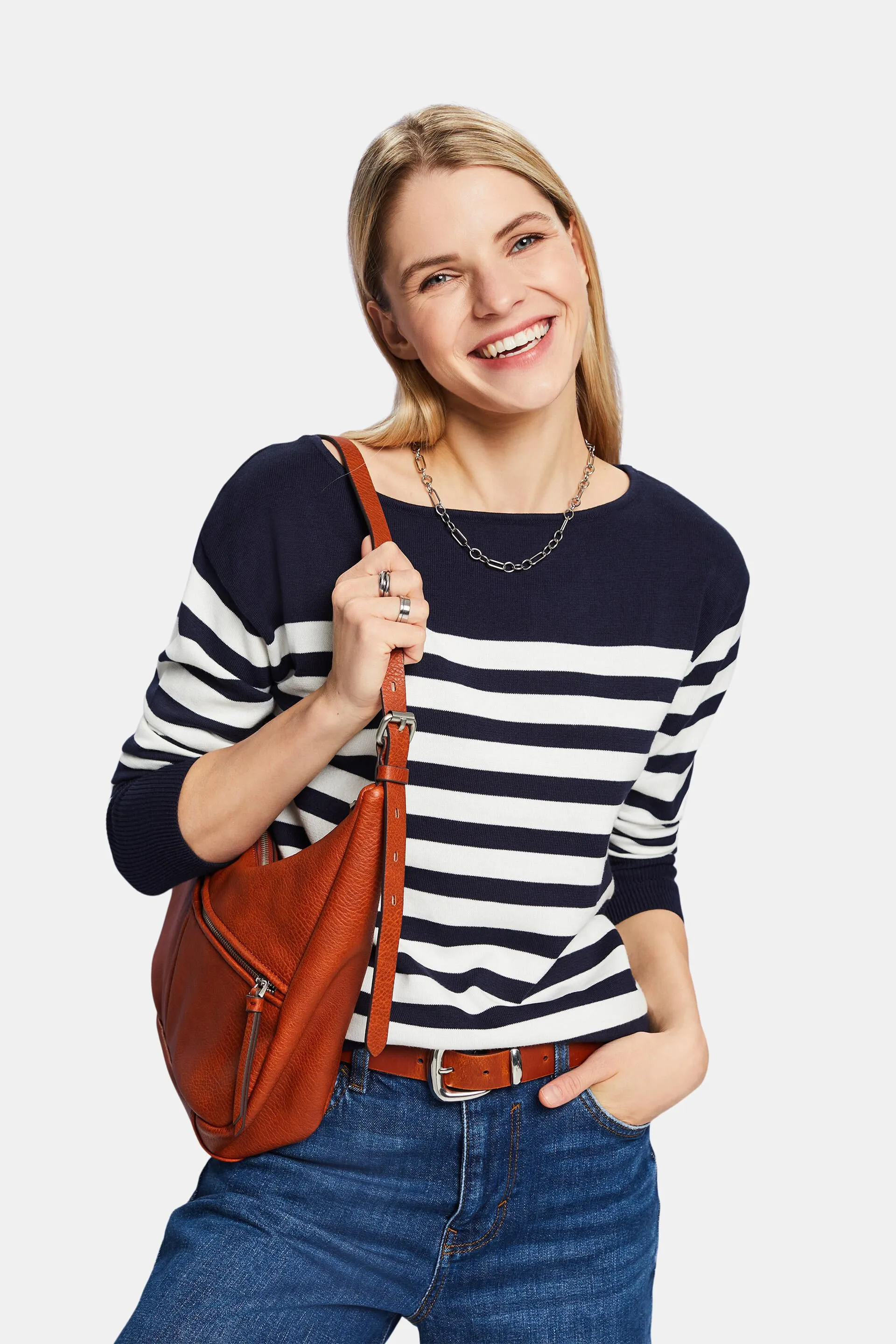 Striped cotton sweatshirt with boat neckline.